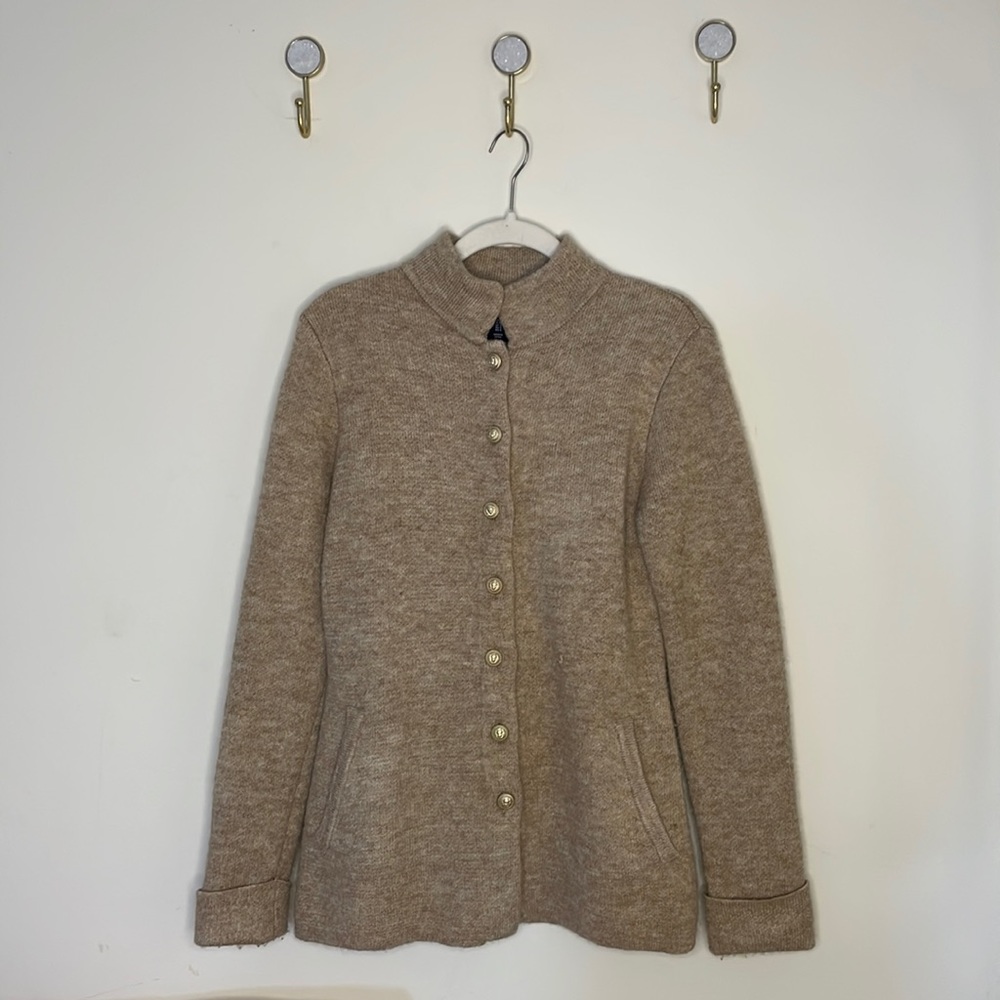 Classic Long Tan Knitted Sweater with Button Accents